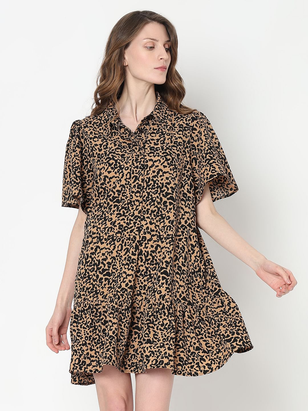 Brown Animal Print Shirt Dress