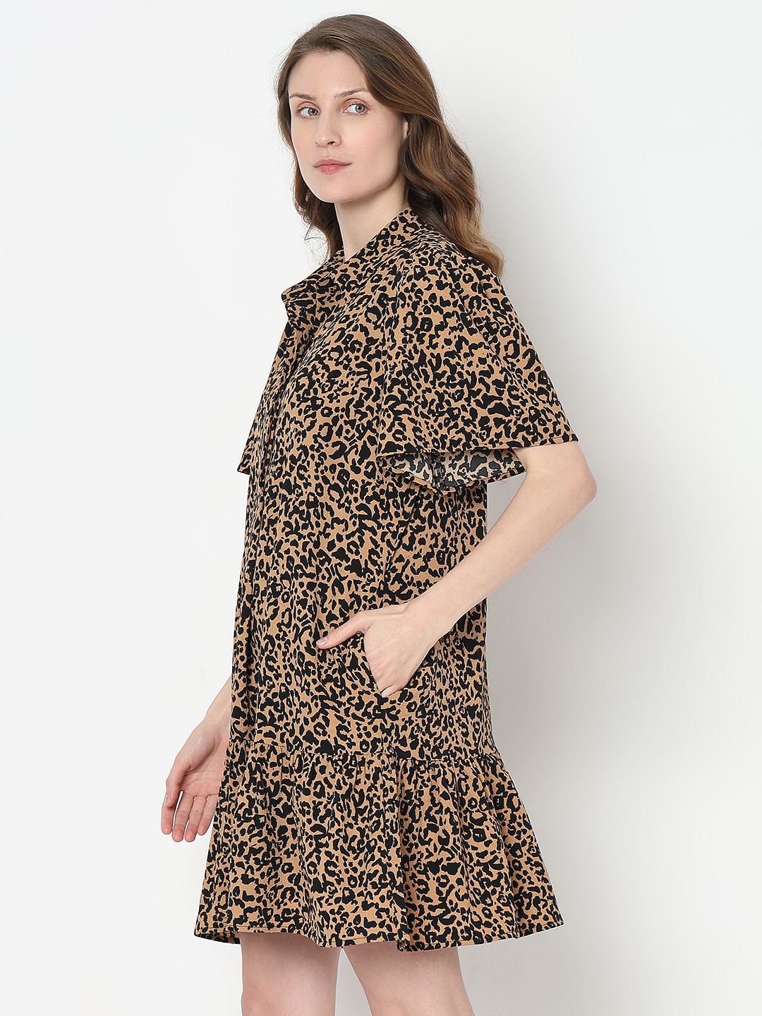Brown Animal Print Shirt Dress