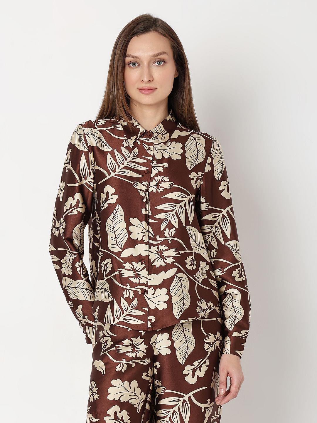 Brown Printed Satin Co-Ord Set Shirt