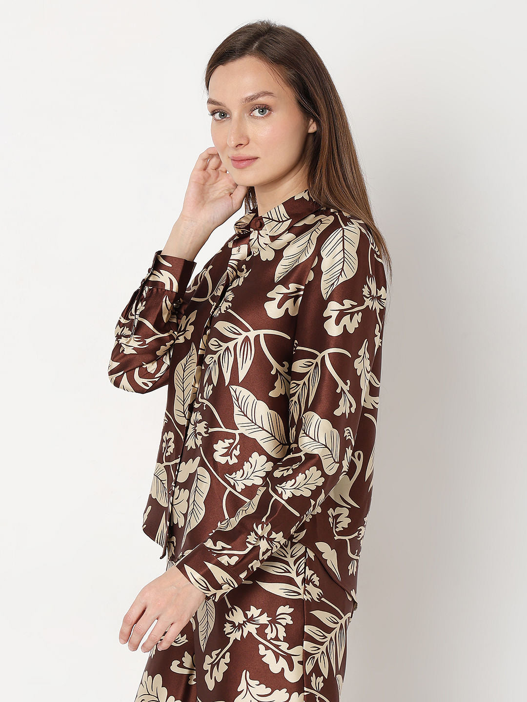 Brown Printed Satin Co-Ord Set Shirt