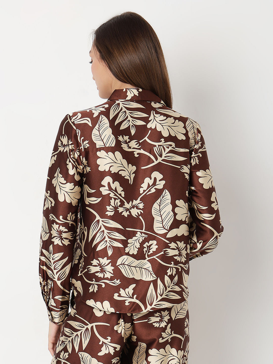 Brown Printed Satin Co-Ord Set Shirt