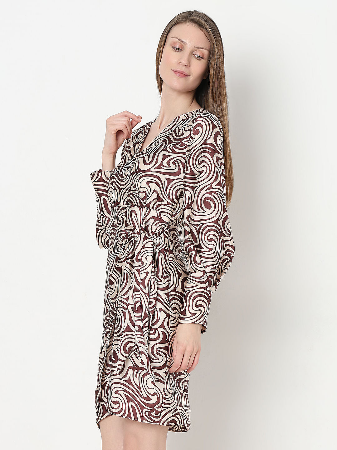 Brown Swirl Print Wrap Dress