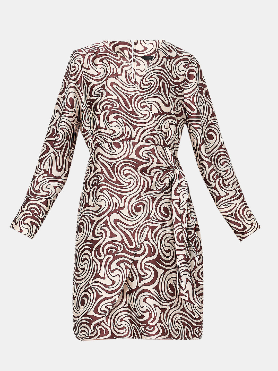 Brown Swirl Print Wrap Dress