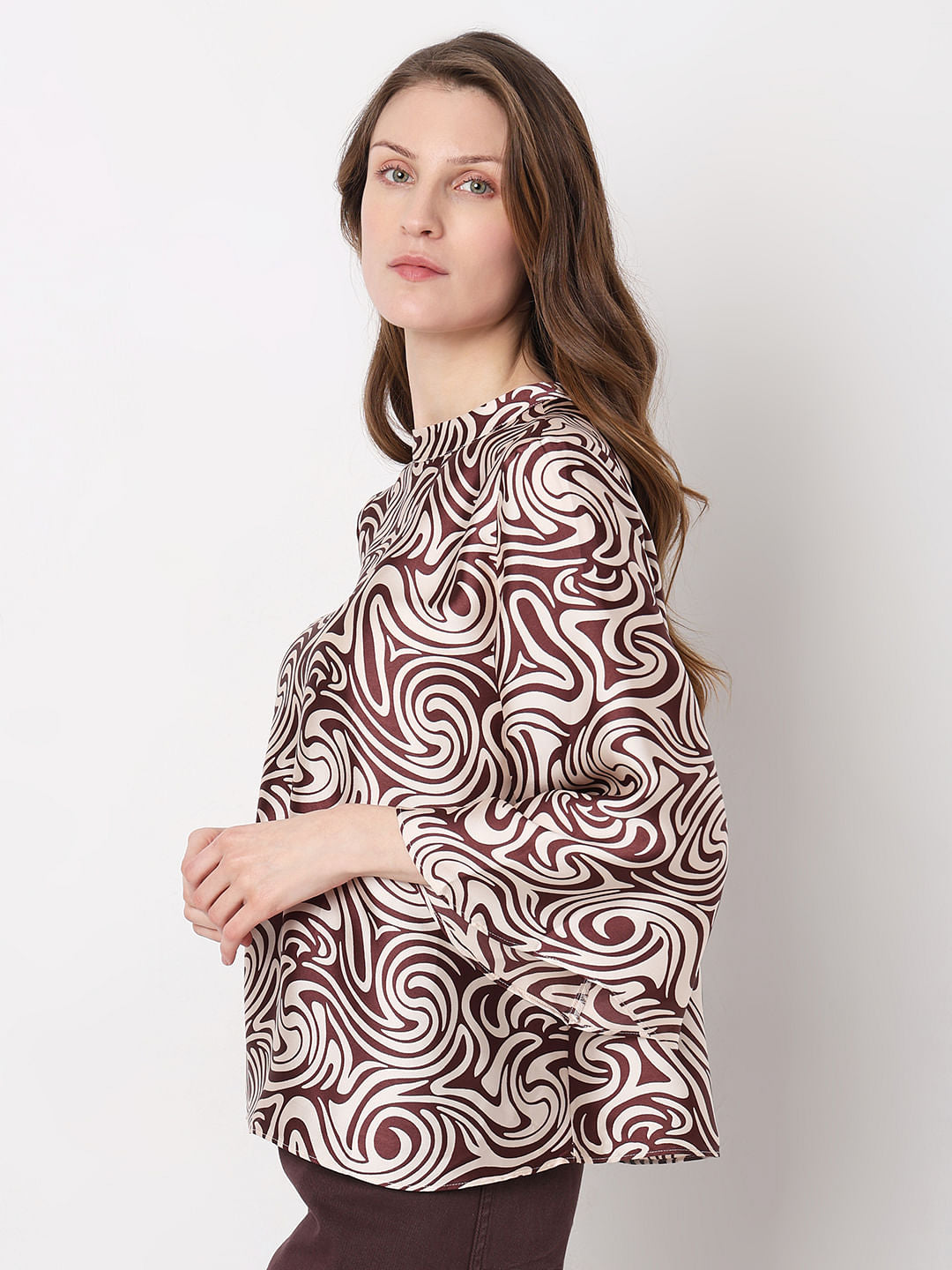 Brown & White Printed Top