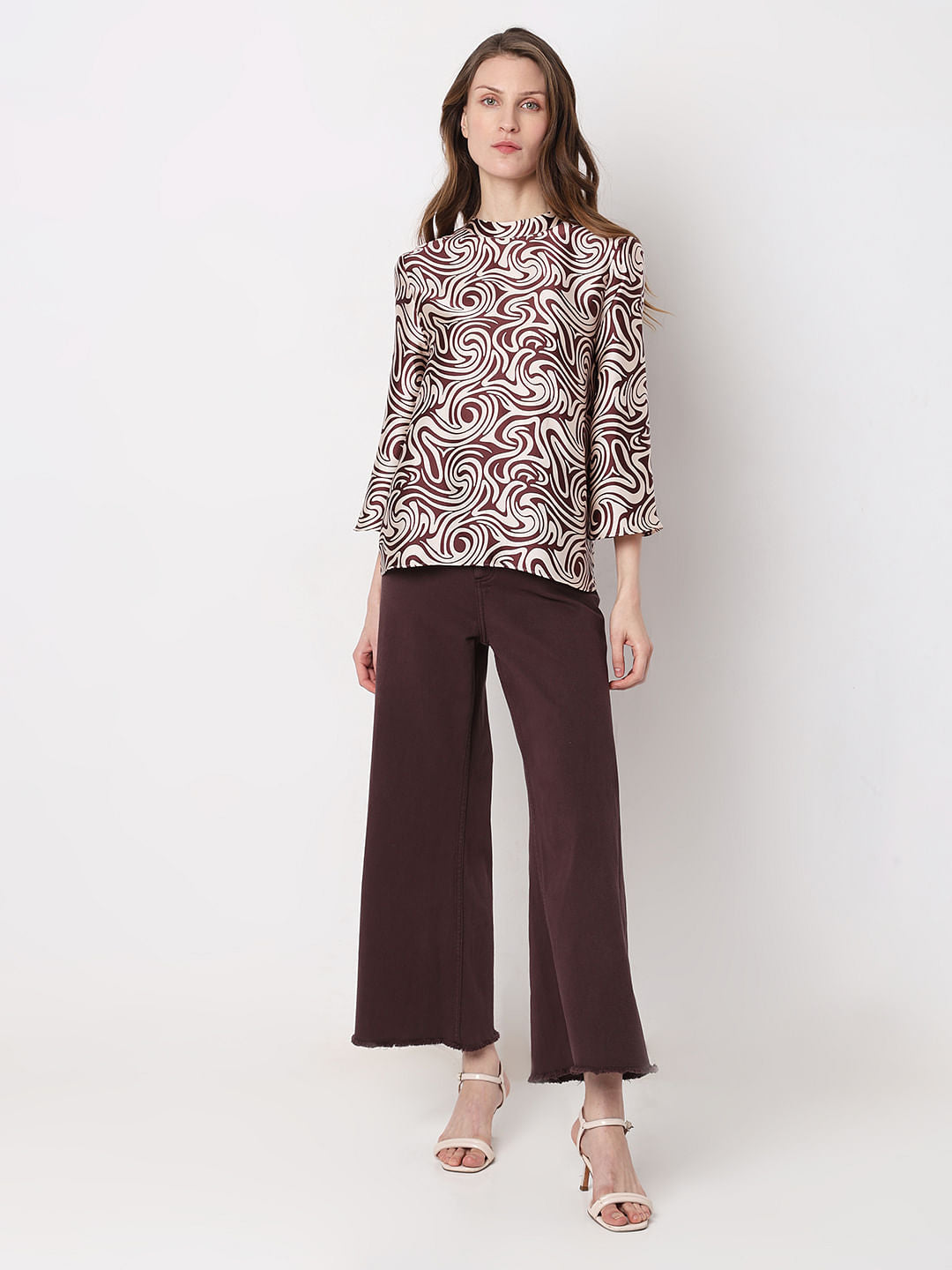 Brown & White Printed Top