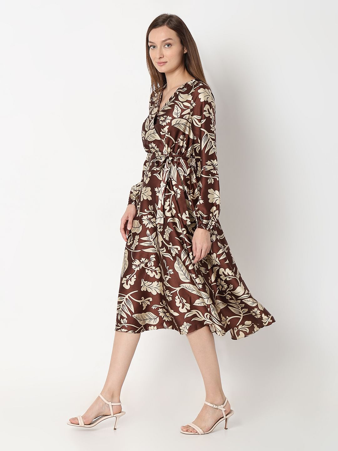 Brown Leaves Print Midi Dress