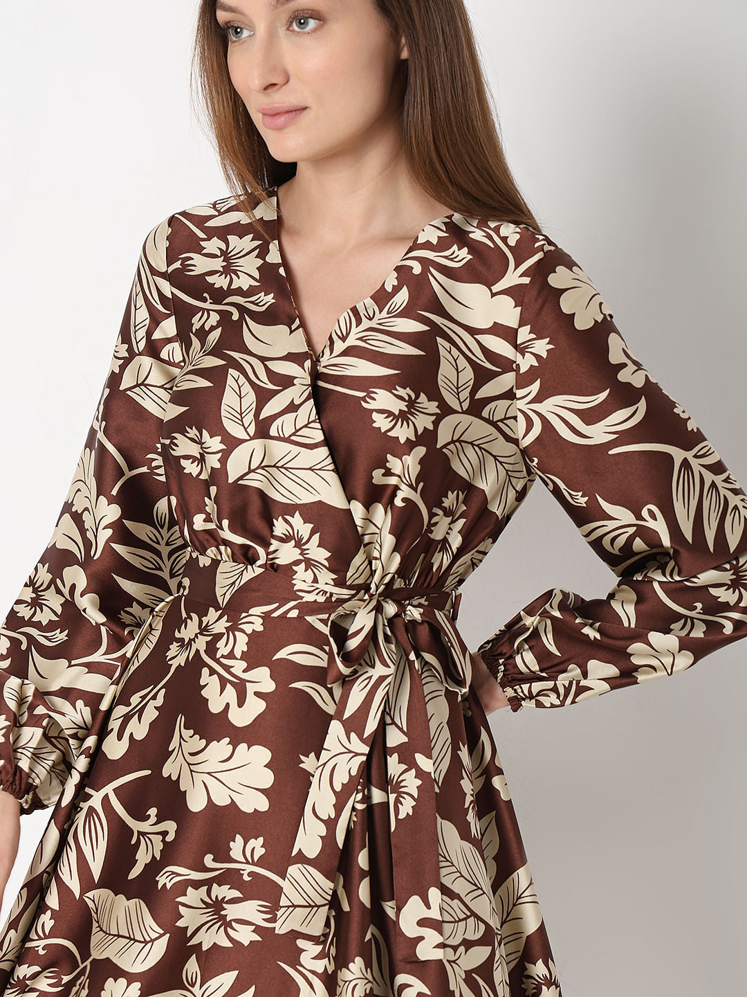 Brown Leaves Print Midi Dress