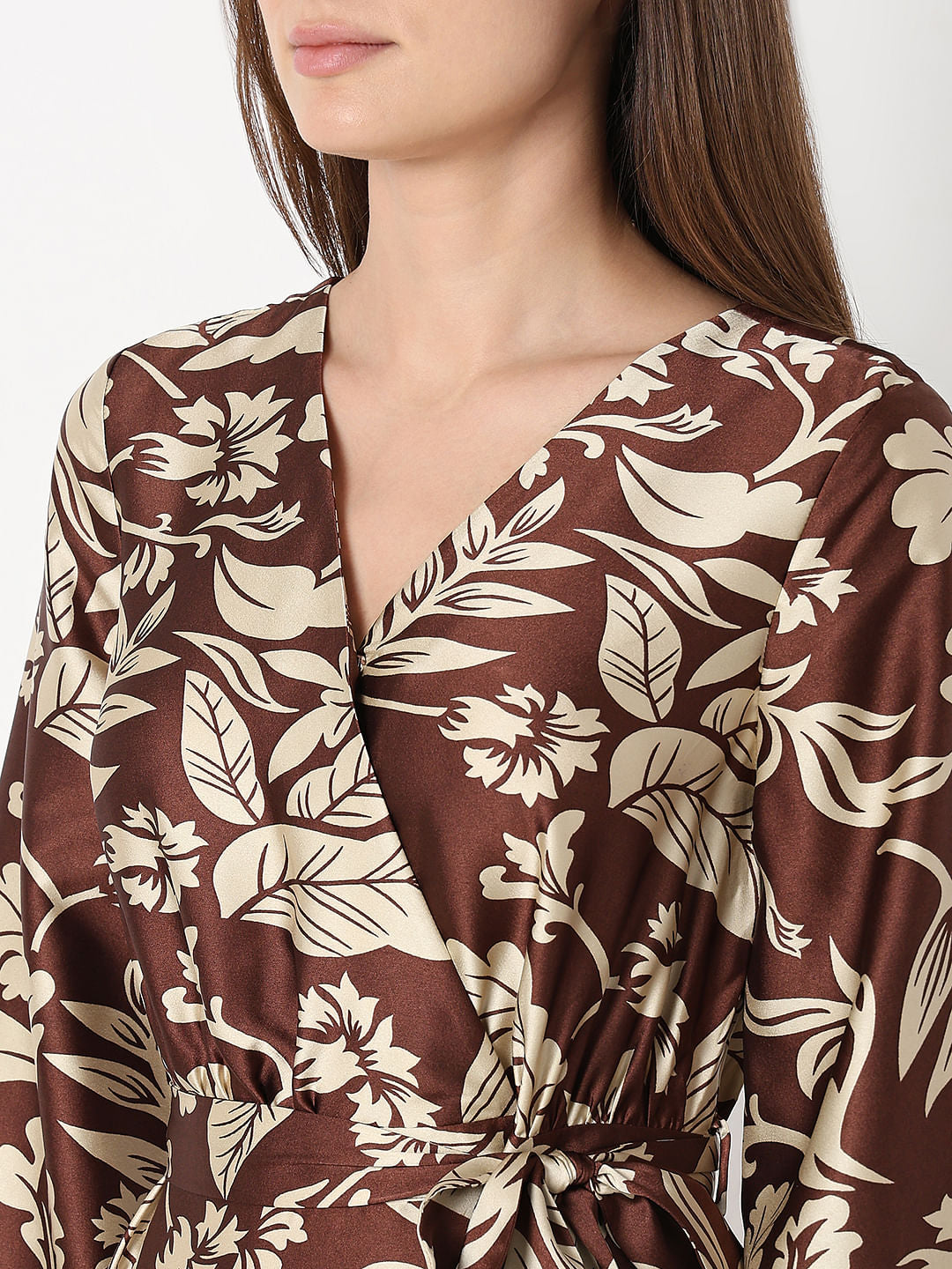 Brown Leaves Print Midi Dress