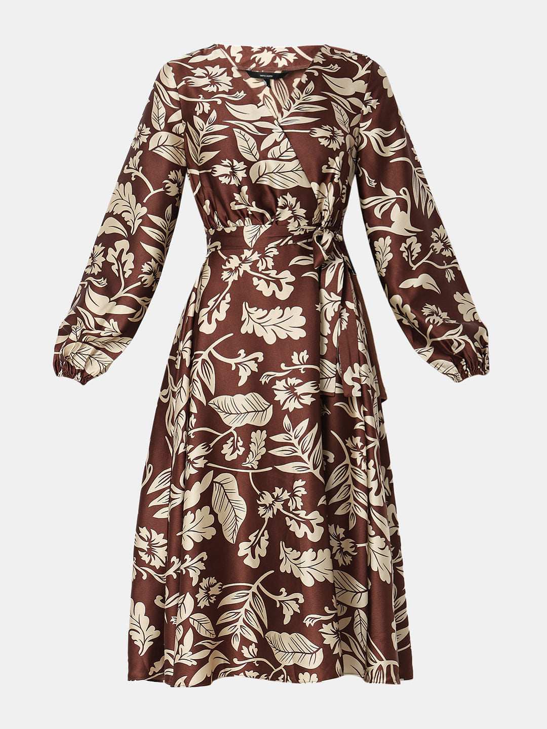 Brown Leaves Print Midi Dress