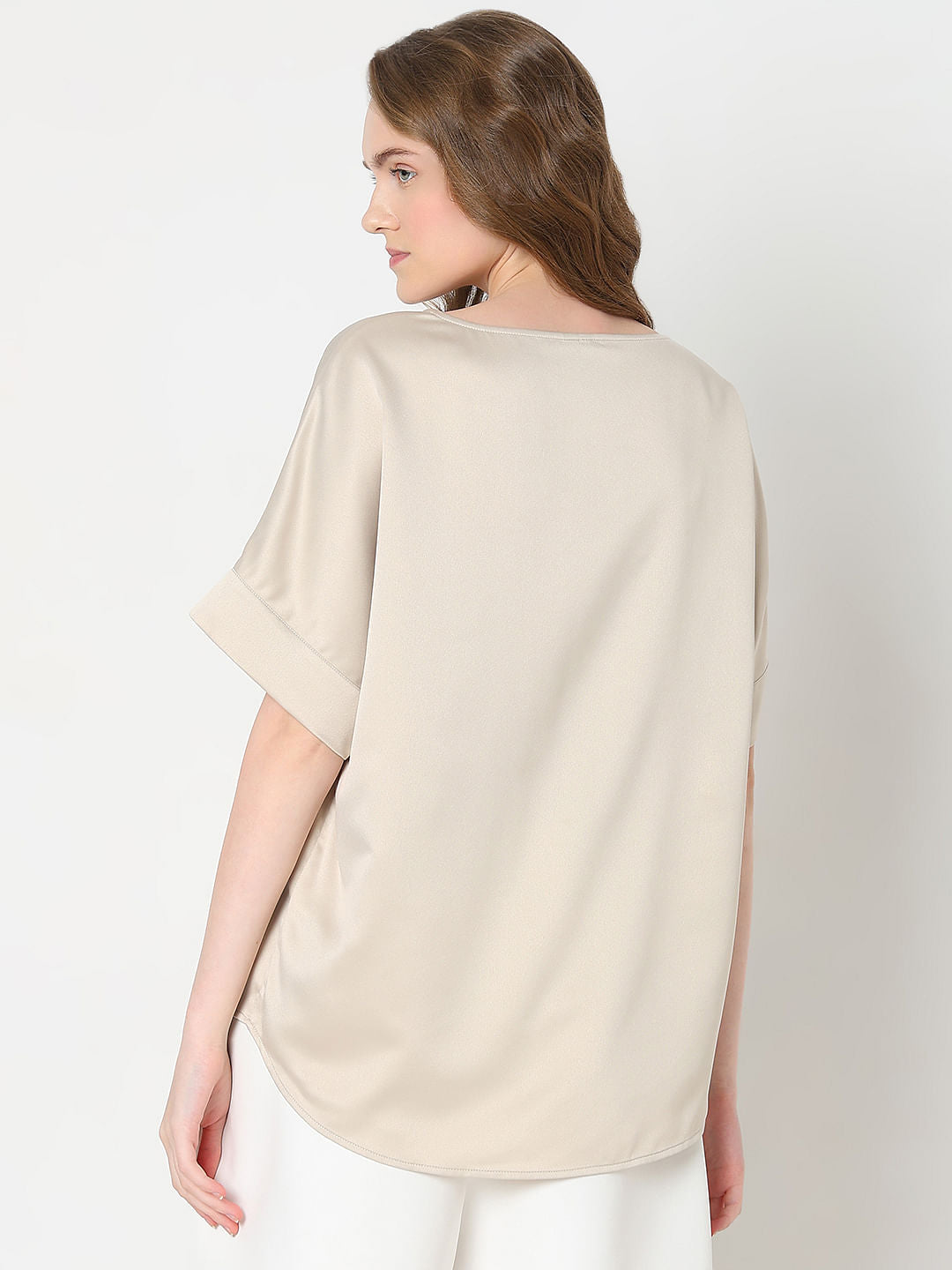 Beige Satin O-Neck Top
