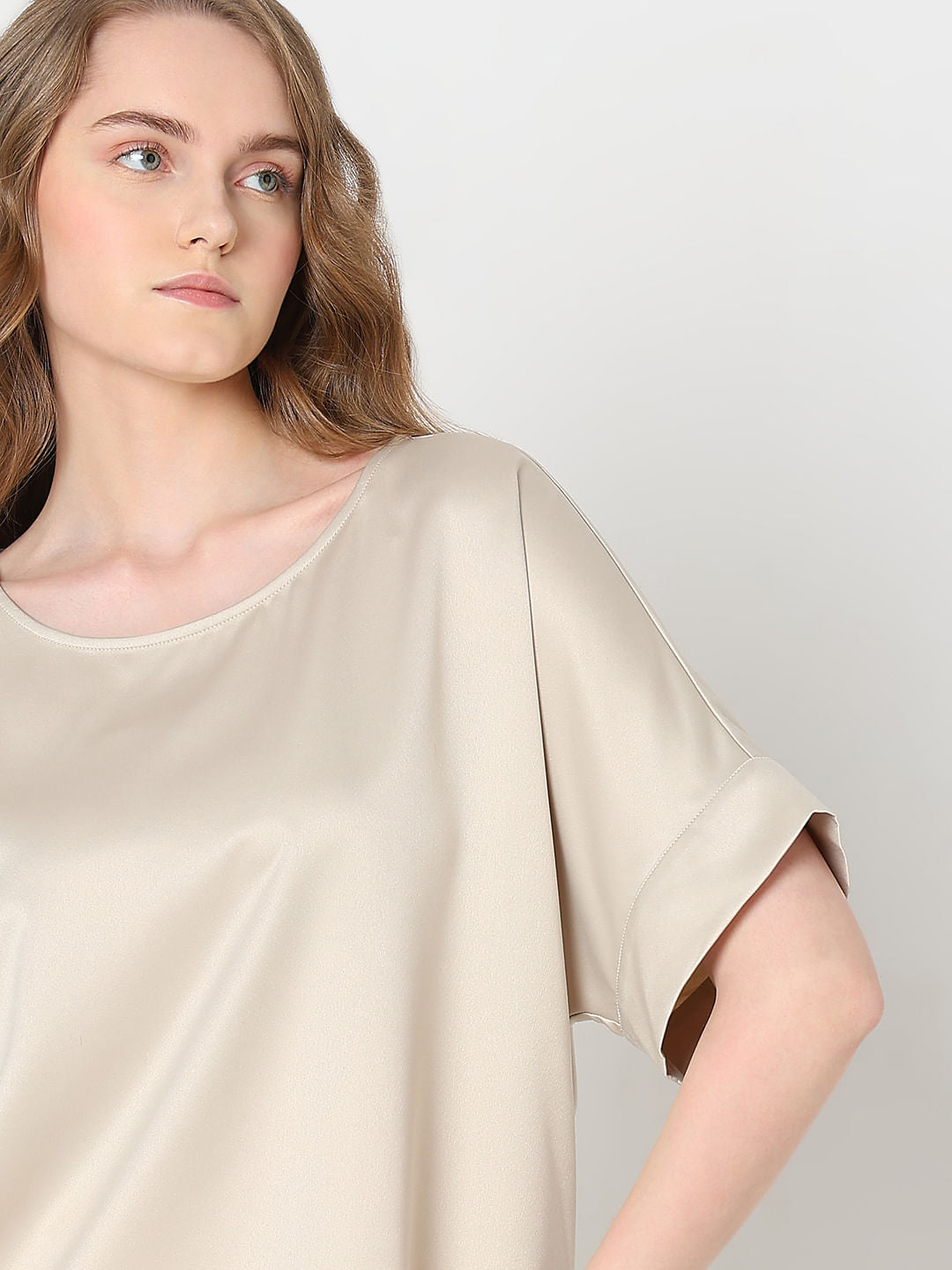 Beige Satin O-Neck Top