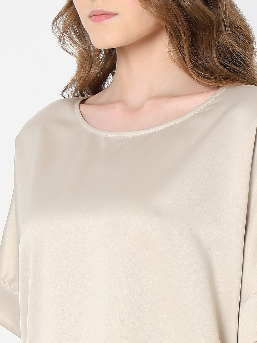 Beige Satin O-Neck Top