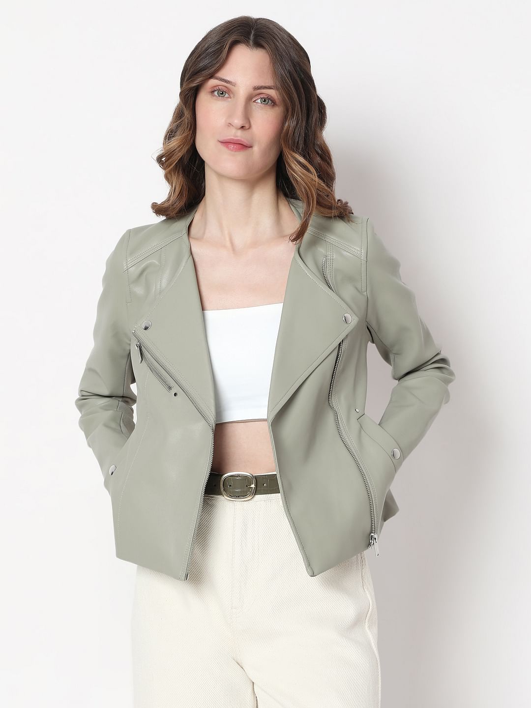 Sage Green Pu Biker Jacket
