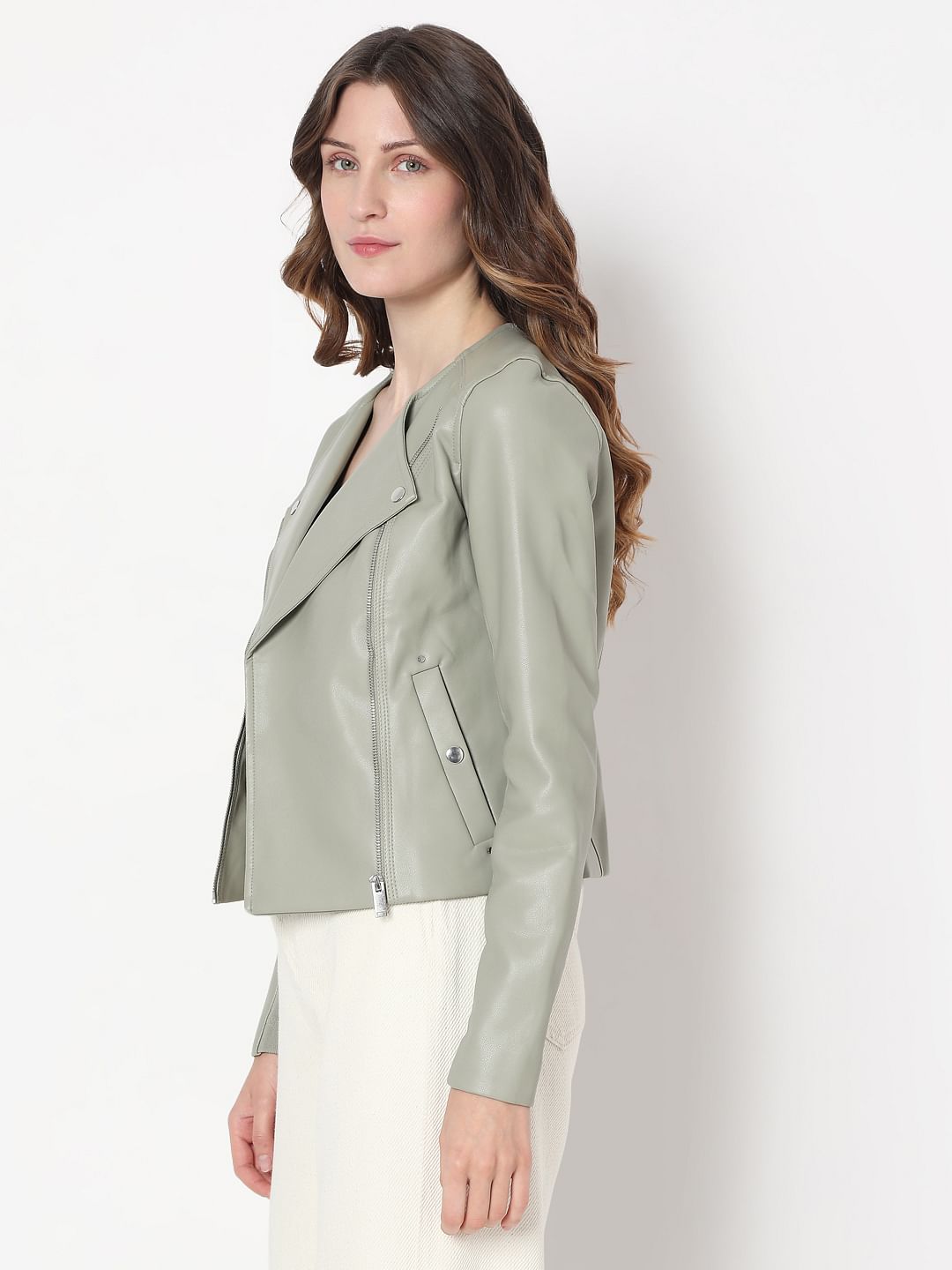 Sage Green Pu Biker Jacket