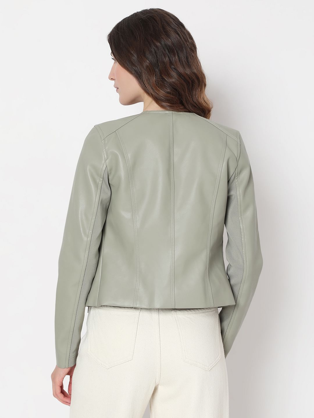 Sage Green Pu Biker Jacket