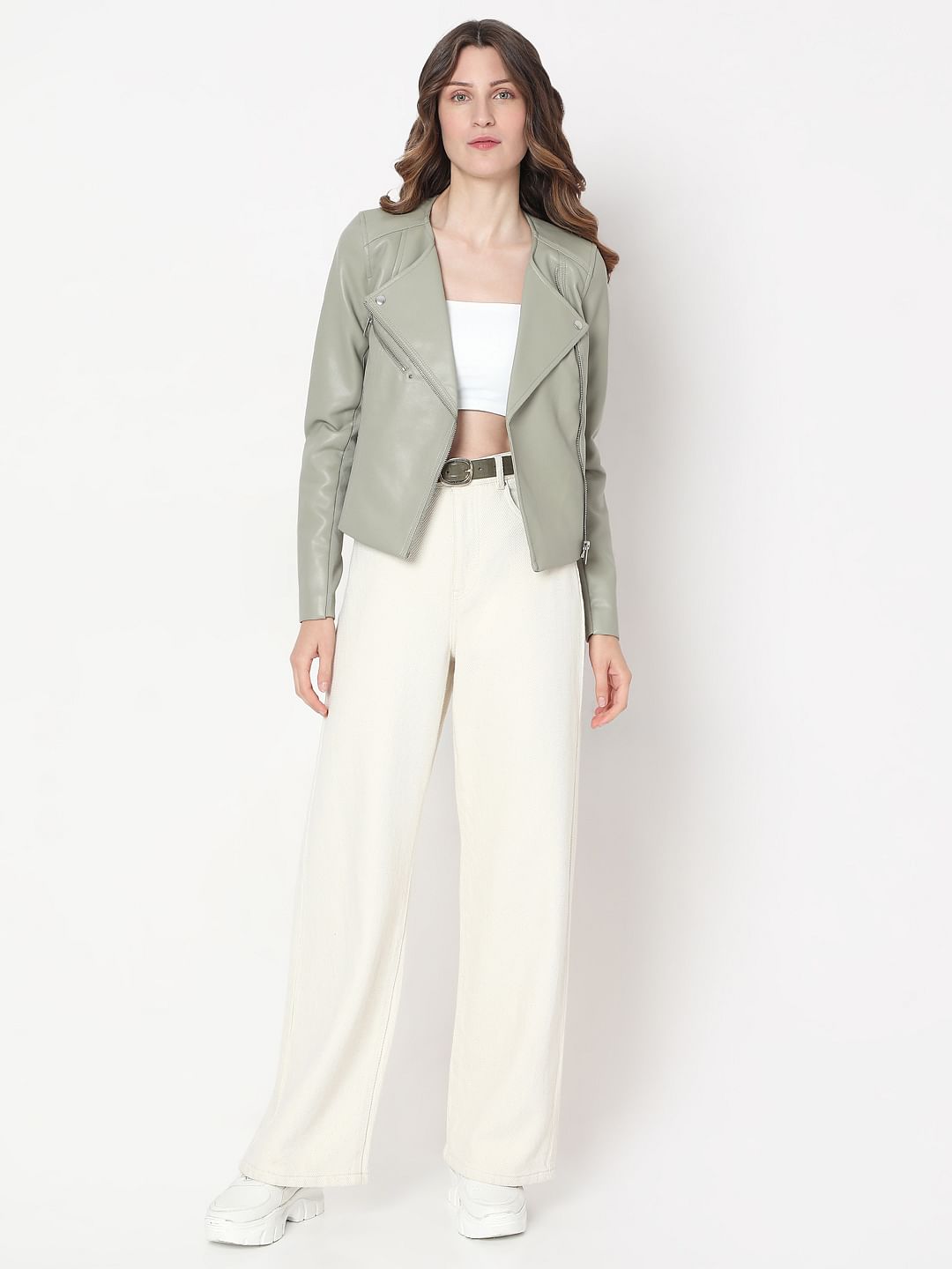 Sage Green Pu Biker Jacket