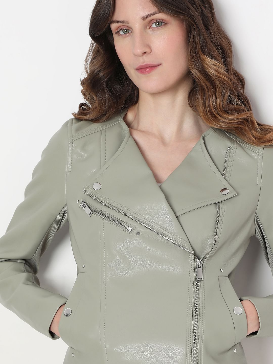 Sage Green Pu Biker Jacket
