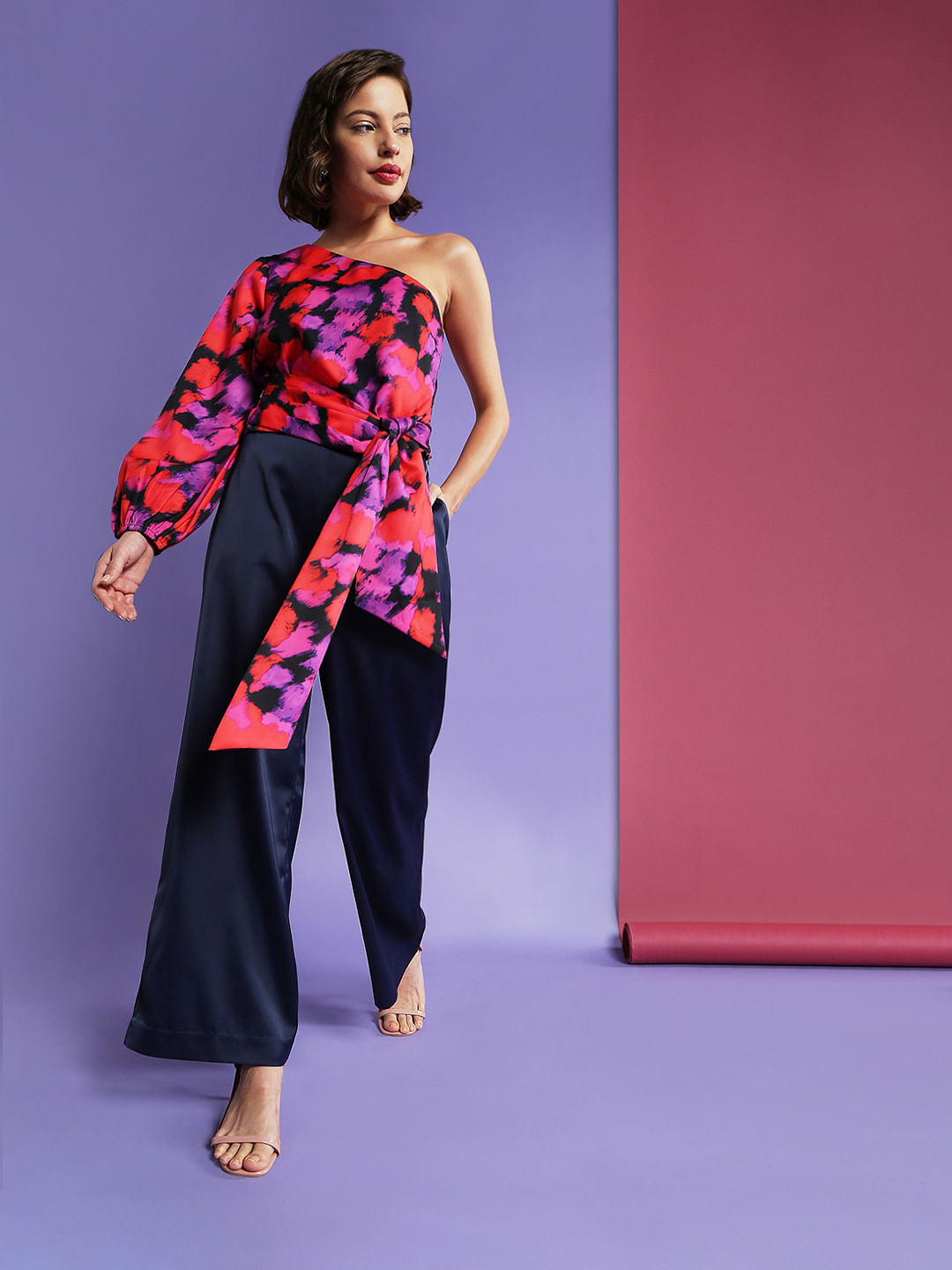 Pink One Shoulder Tie Up Top