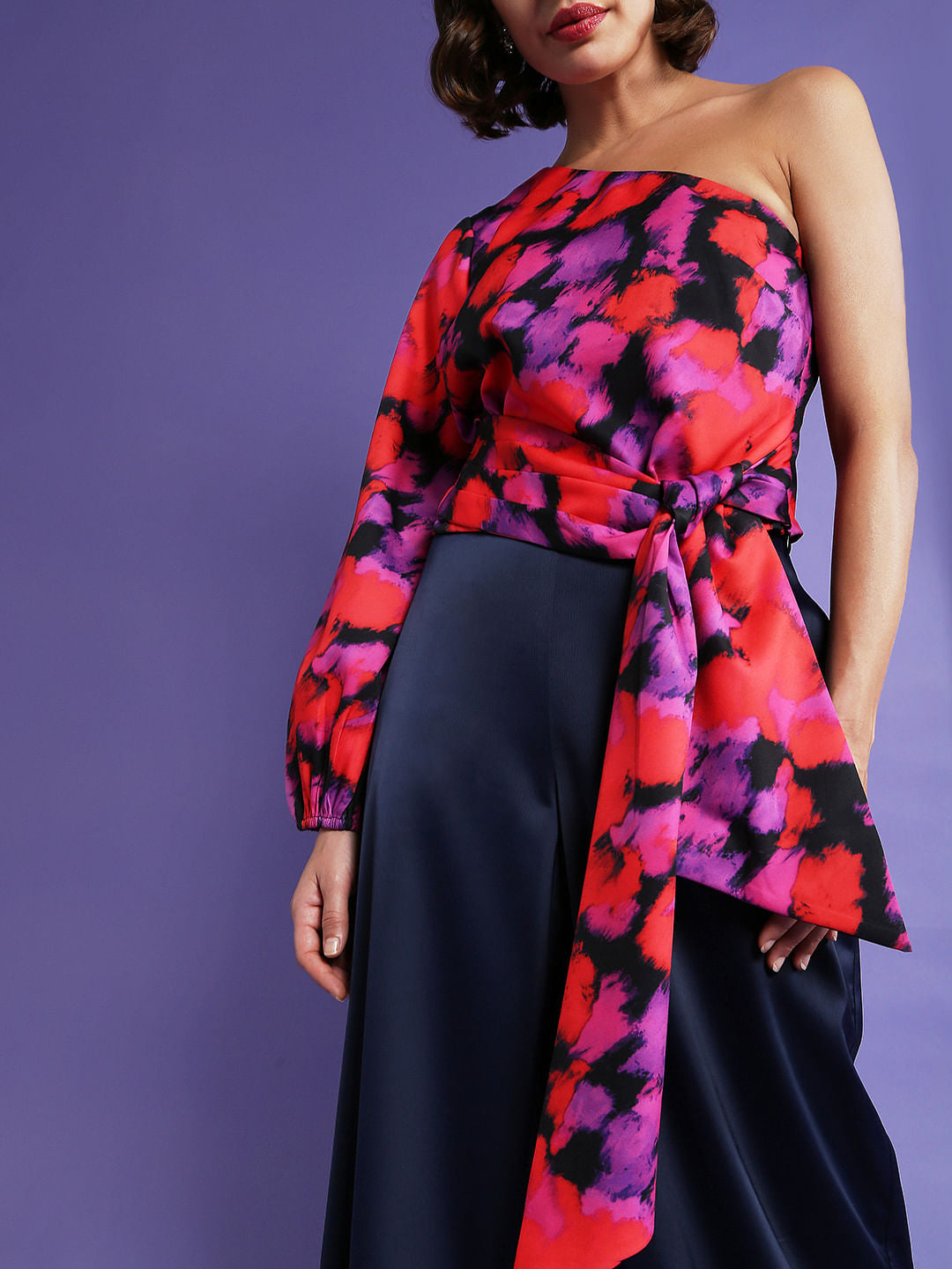 Pink One Shoulder Tie Up Top