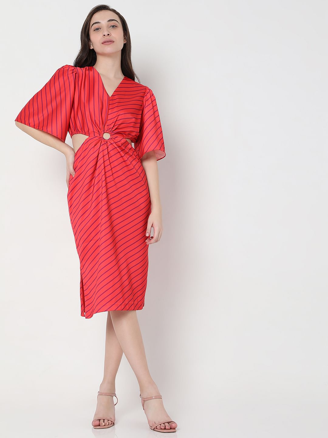 Marquee Pink Satin Striped Midi Dress