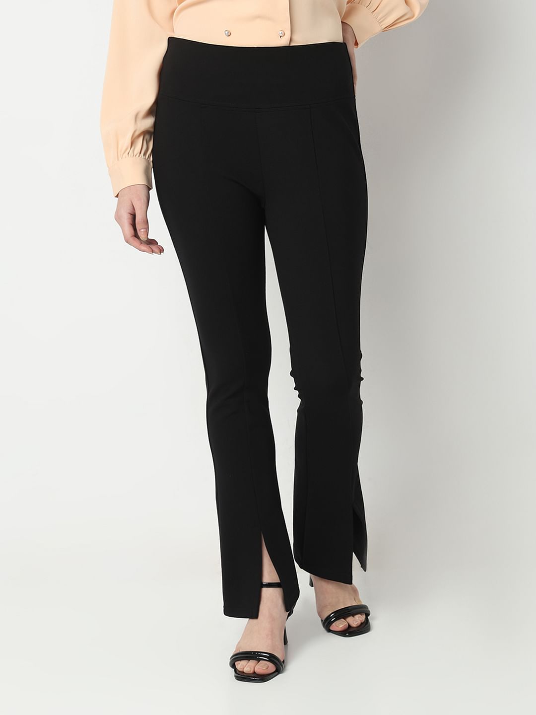 Black Front Slit Flared Leggings