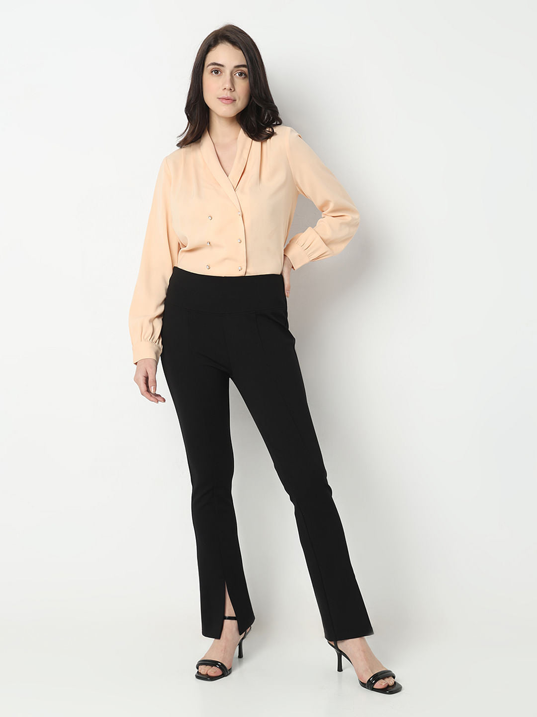 Black Front Slit Flared Leggings