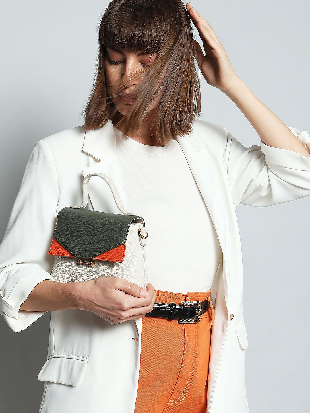 Beige Colourblocked Crossbody Bag