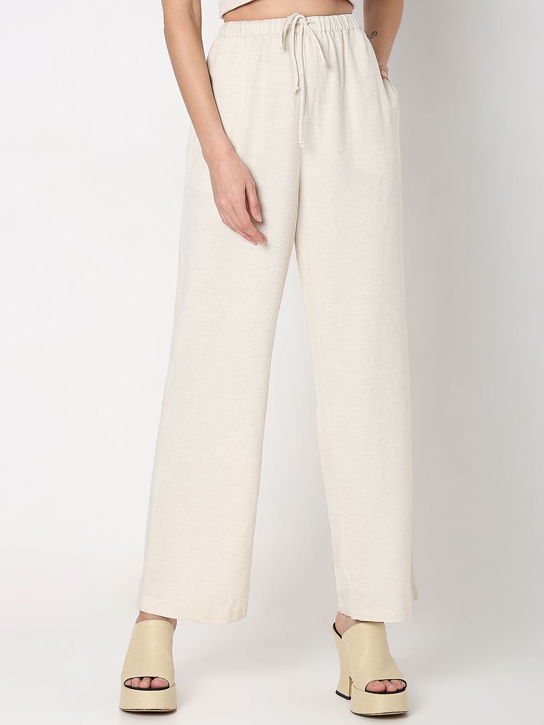 Beige High Rise Linen Co-Ord Set Pants