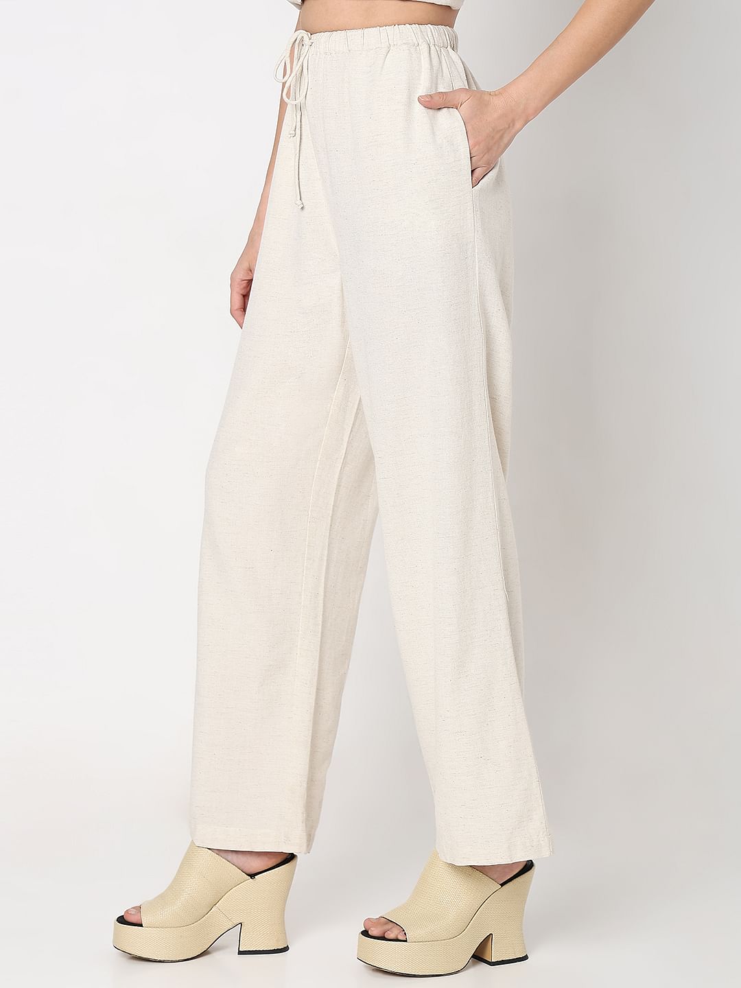 Beige High Rise Linen Co-Ord Set Pants