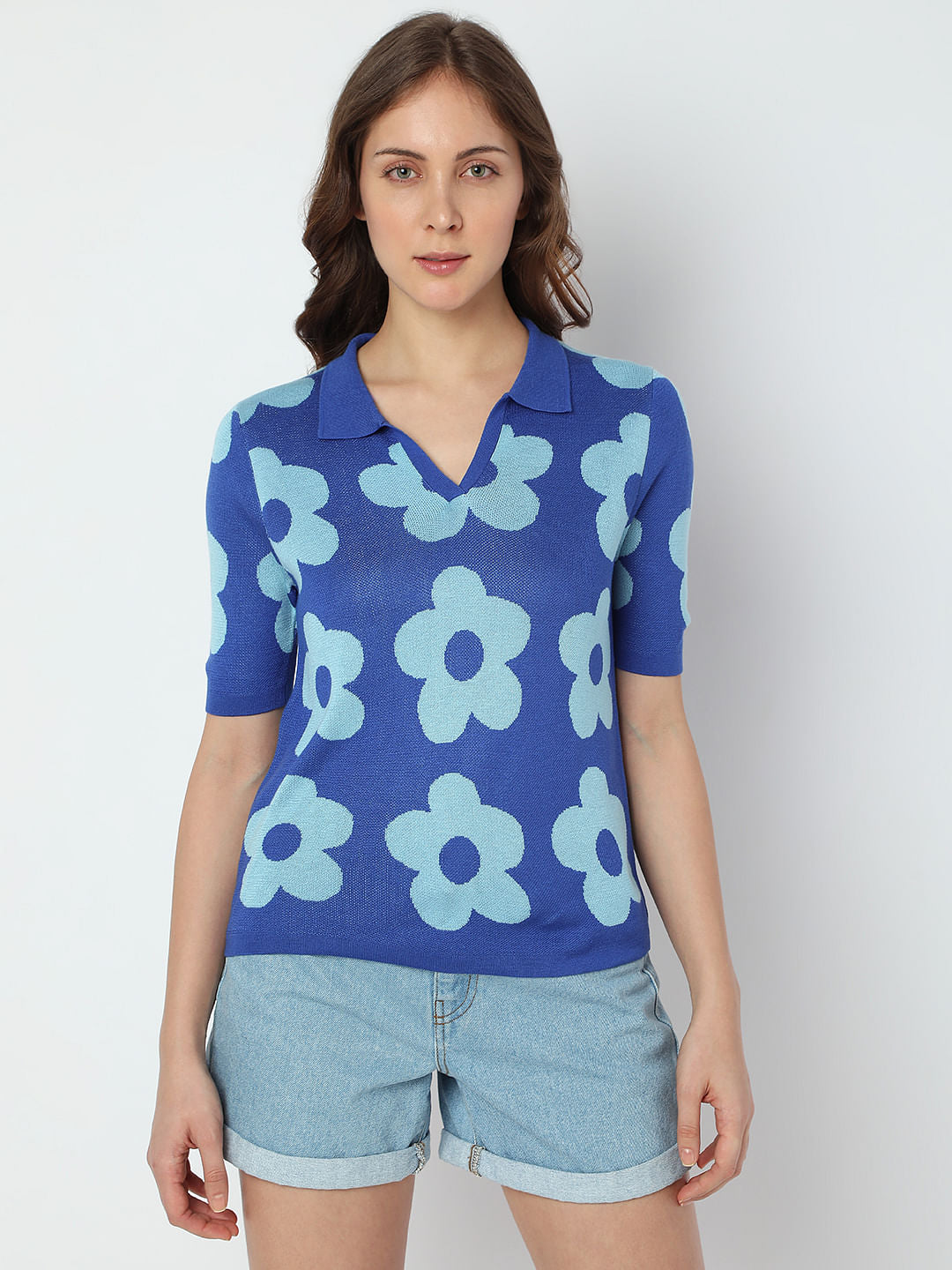 Blue Floral Knit Polo T-Shirt