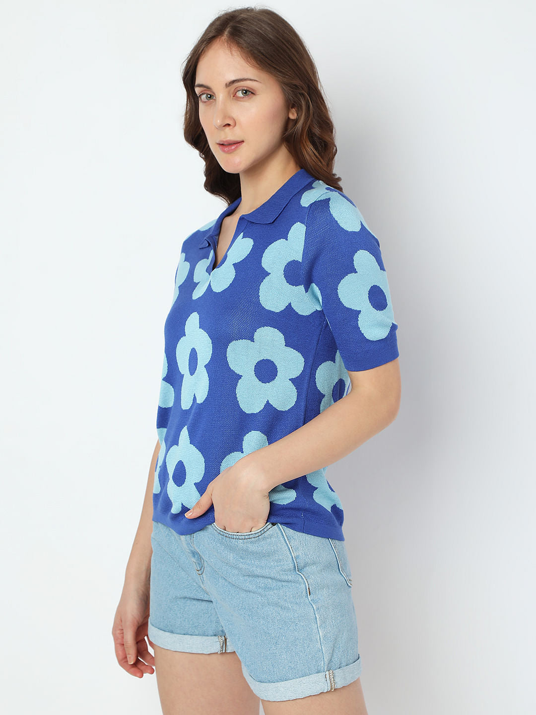 Blue Floral Knit Polo T-Shirt