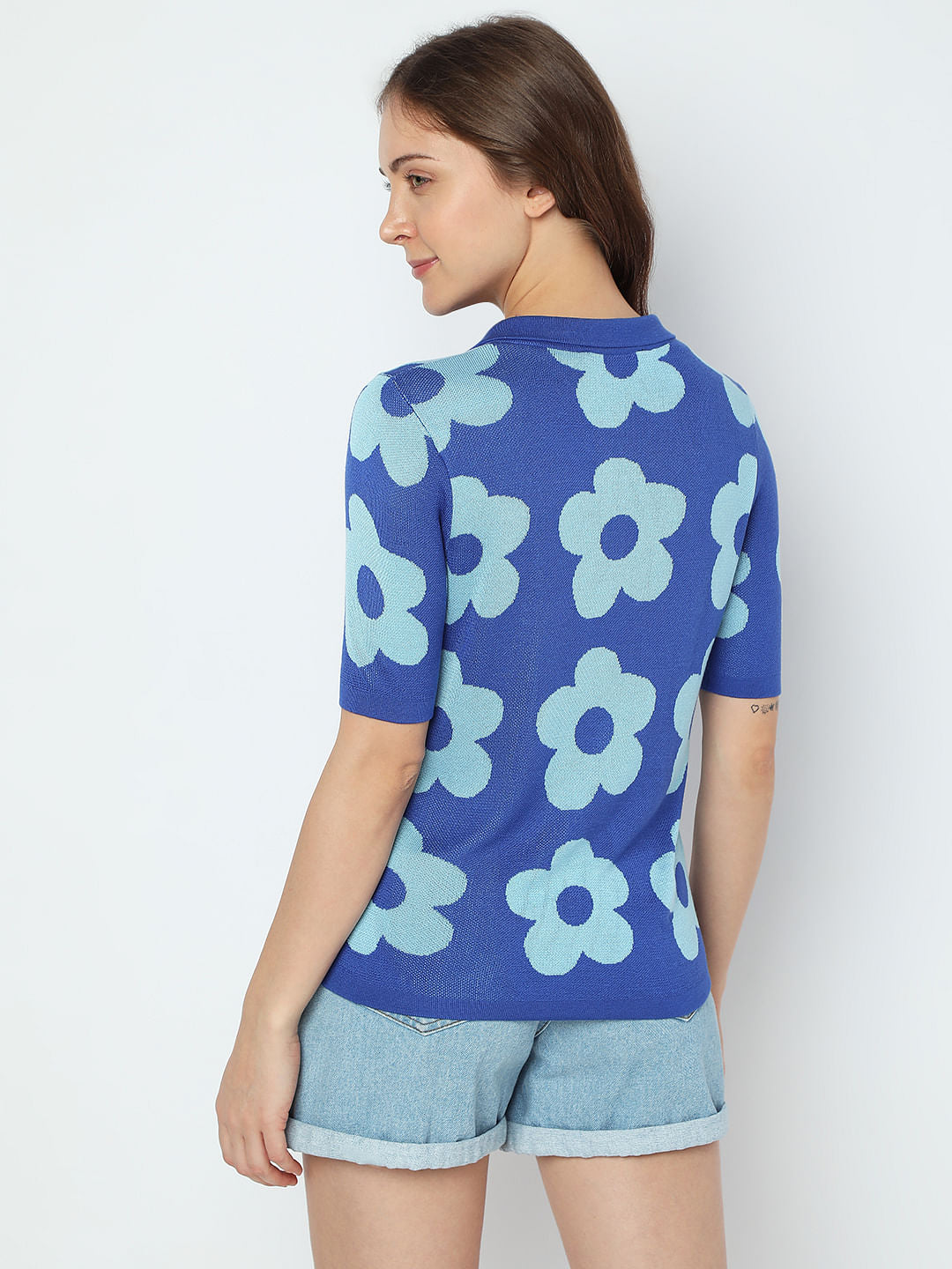 Blue Floral Knit Polo T-Shirt