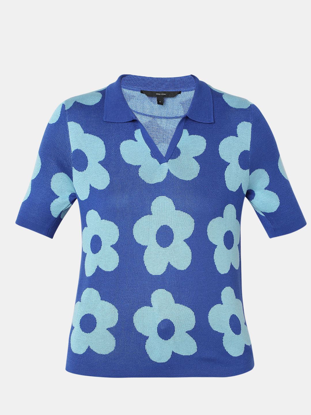Blue Floral Knit Polo T-Shirt