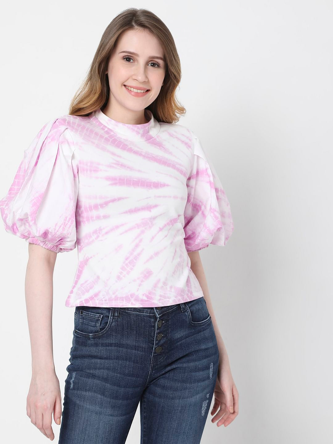 Pink Tie Dye Puff Sleeves Top
