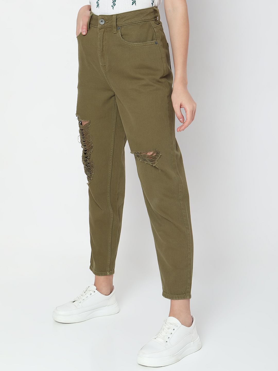 Green High Rise Distressed Straight Fit Jeans