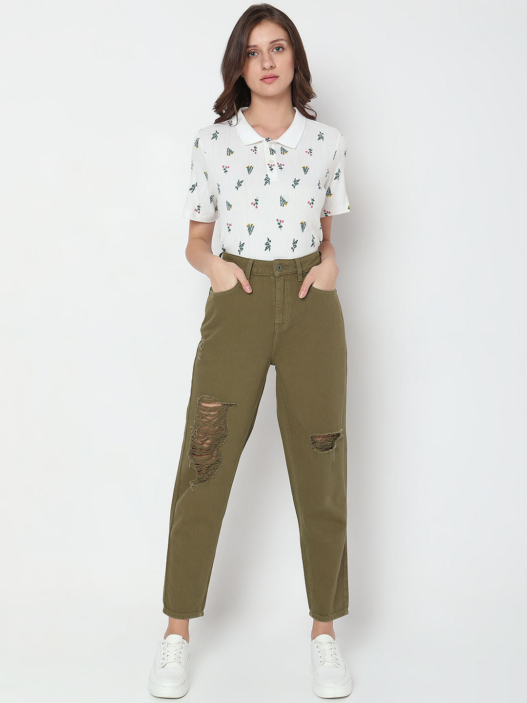 Green High Rise Distressed Straight Fit Jeans