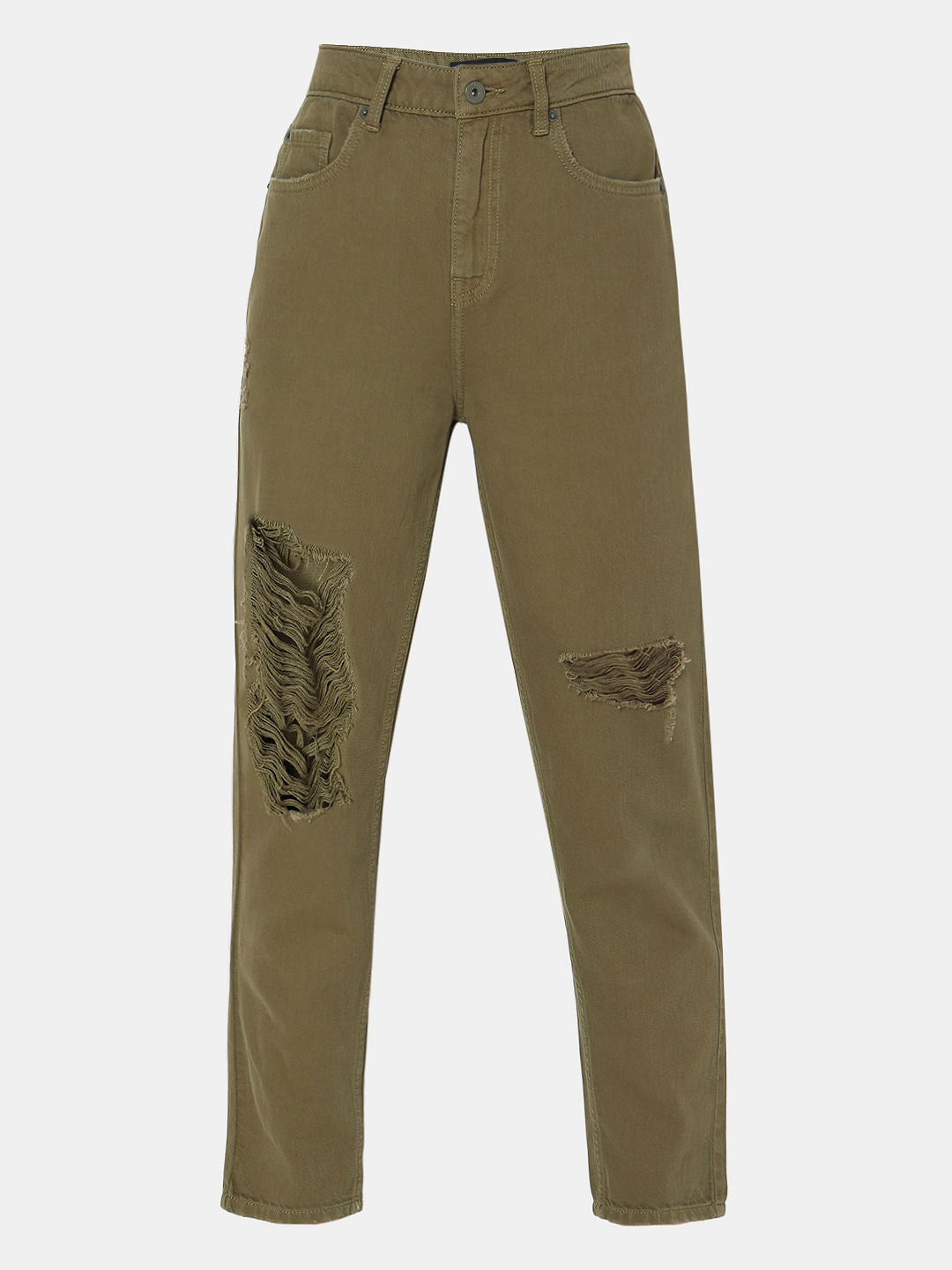 Green High Rise Distressed Straight Fit Jeans