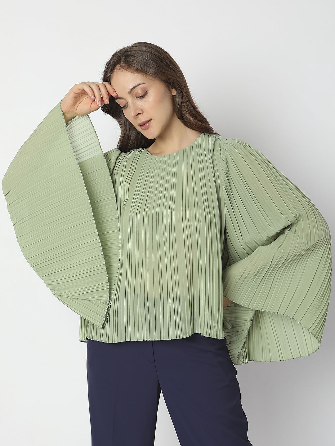 Green Pleated Flared Sleeves Top