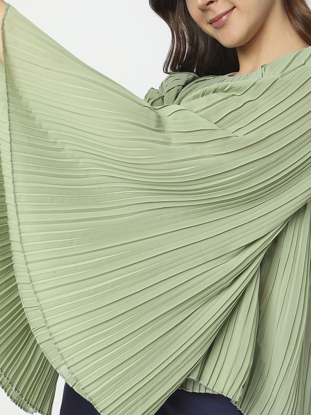 Green Pleated Flared Sleeves Top