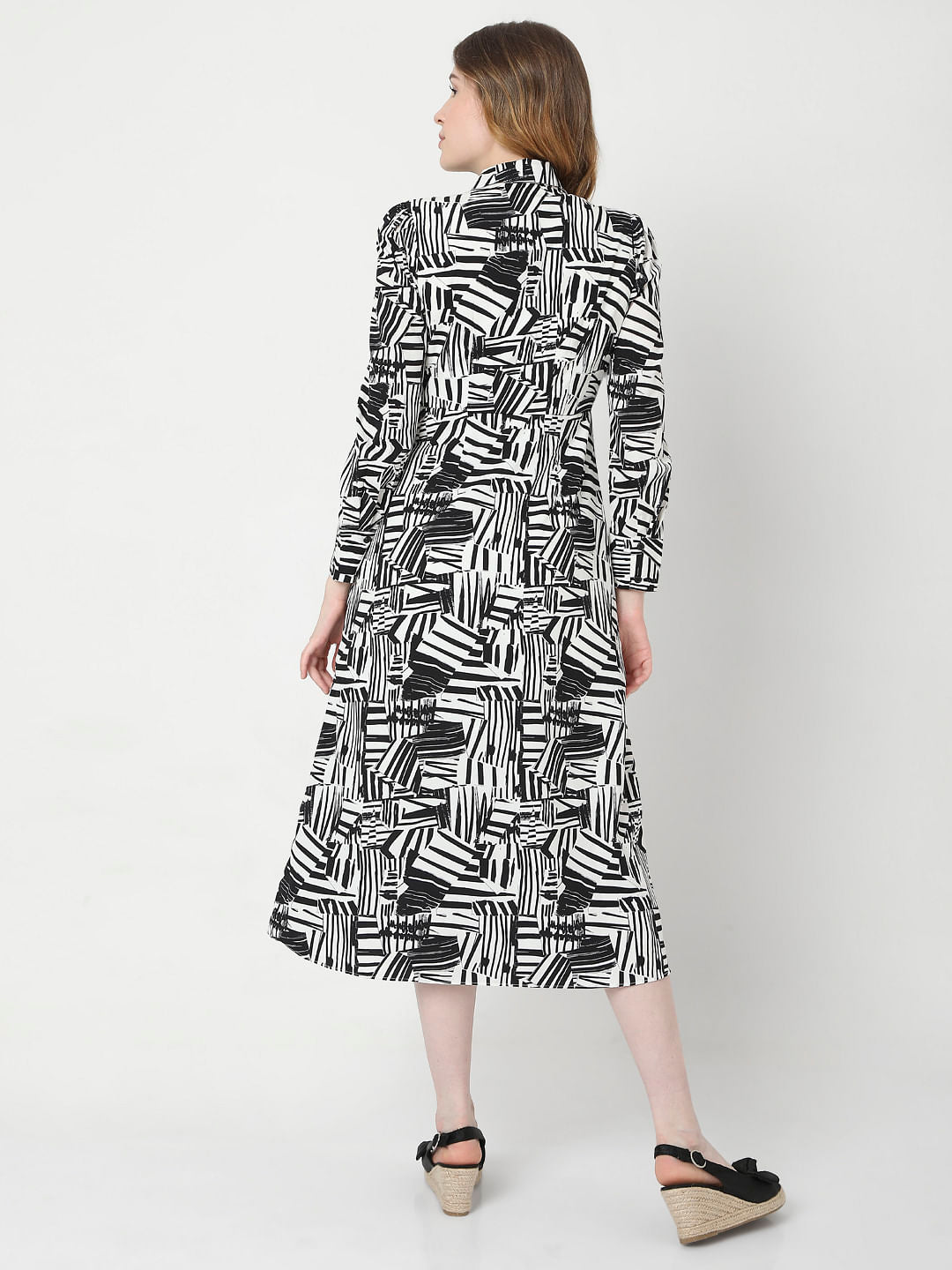 Black&White Abstract Print Midi Dress