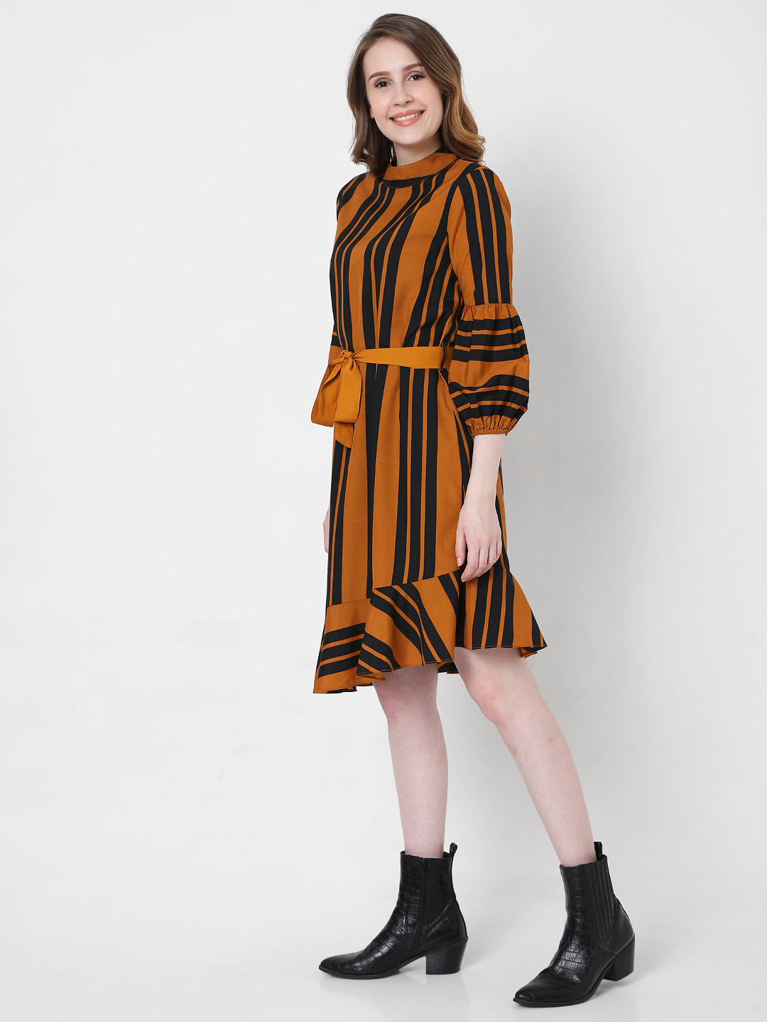 Mustard Striped Fit & Flare Dress