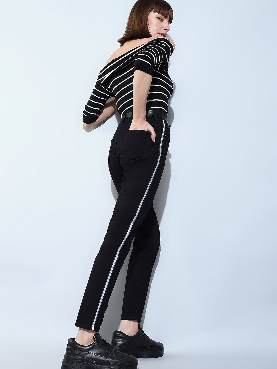 Black High Rise Tape Detail Wendy Skinny Fit Jeans