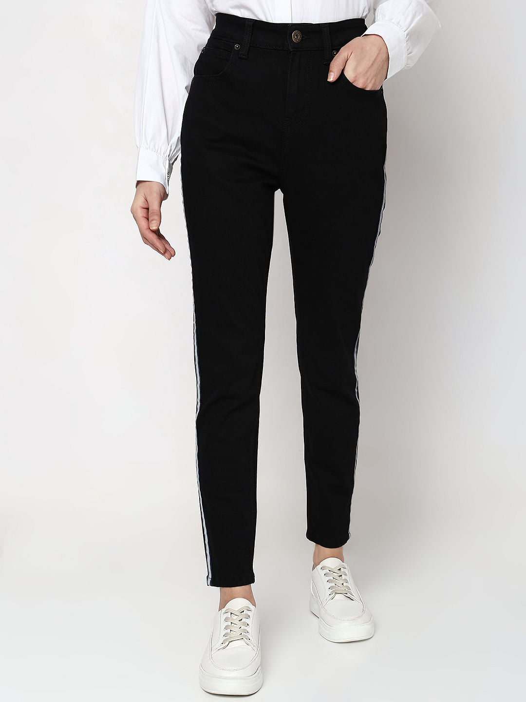 Black High Rise Tape Detail Wendy Skinny Fit Jeans