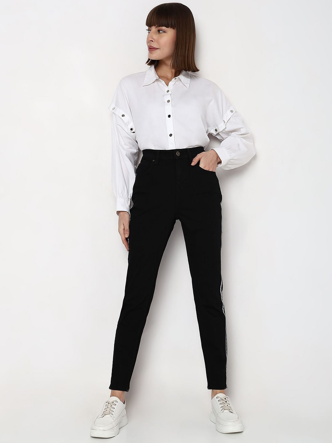 Black High Rise Tape Detail Wendy Skinny Fit Jeans