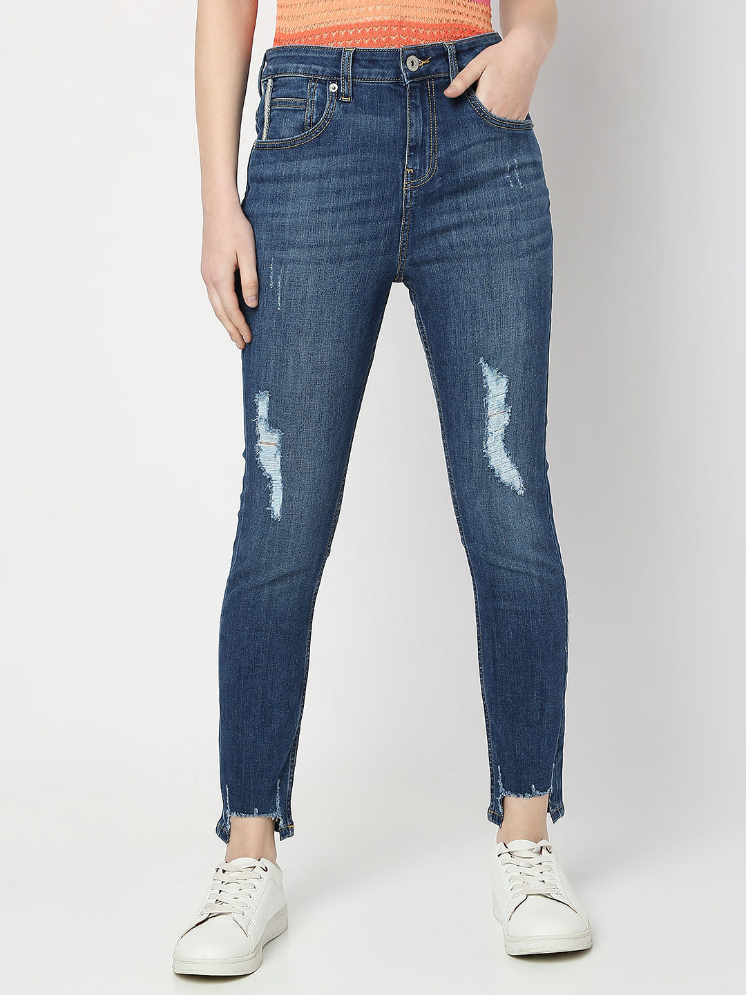 Blue High Rise Distressed Wendy Skinny Jeans