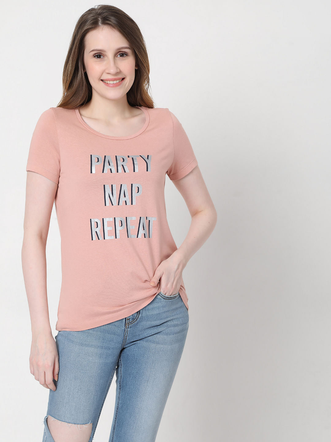 Pink Text Print T-Shirt