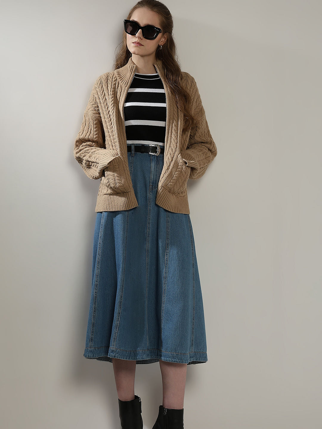 Brown High-Neck Zip Cardigan