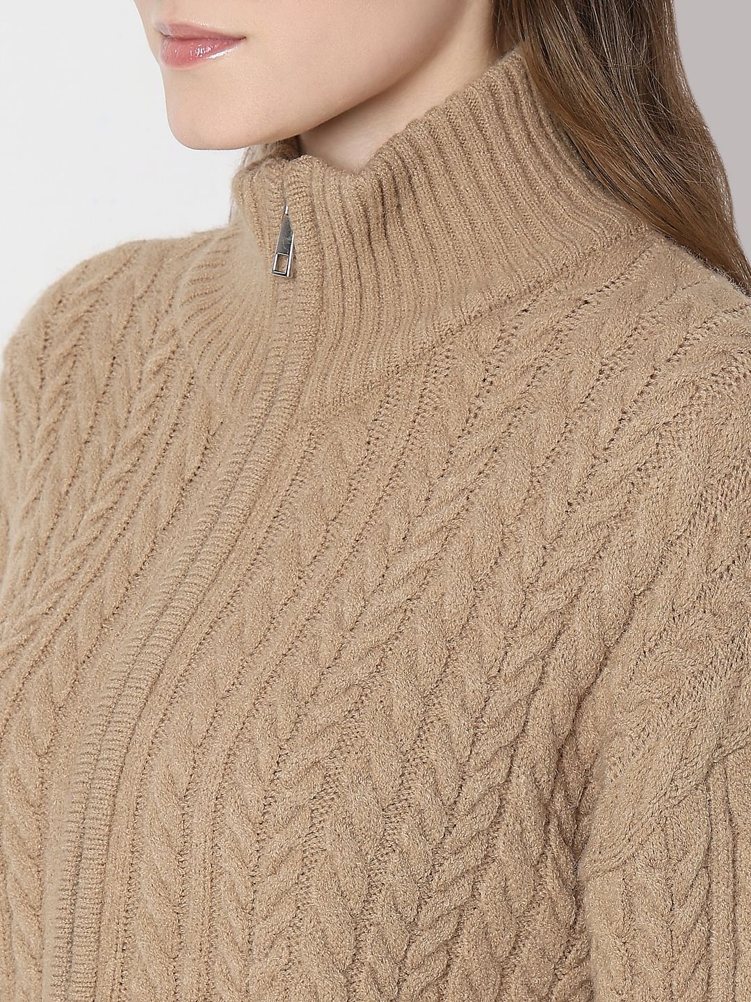 Brown High-Neck Zip Cardigan