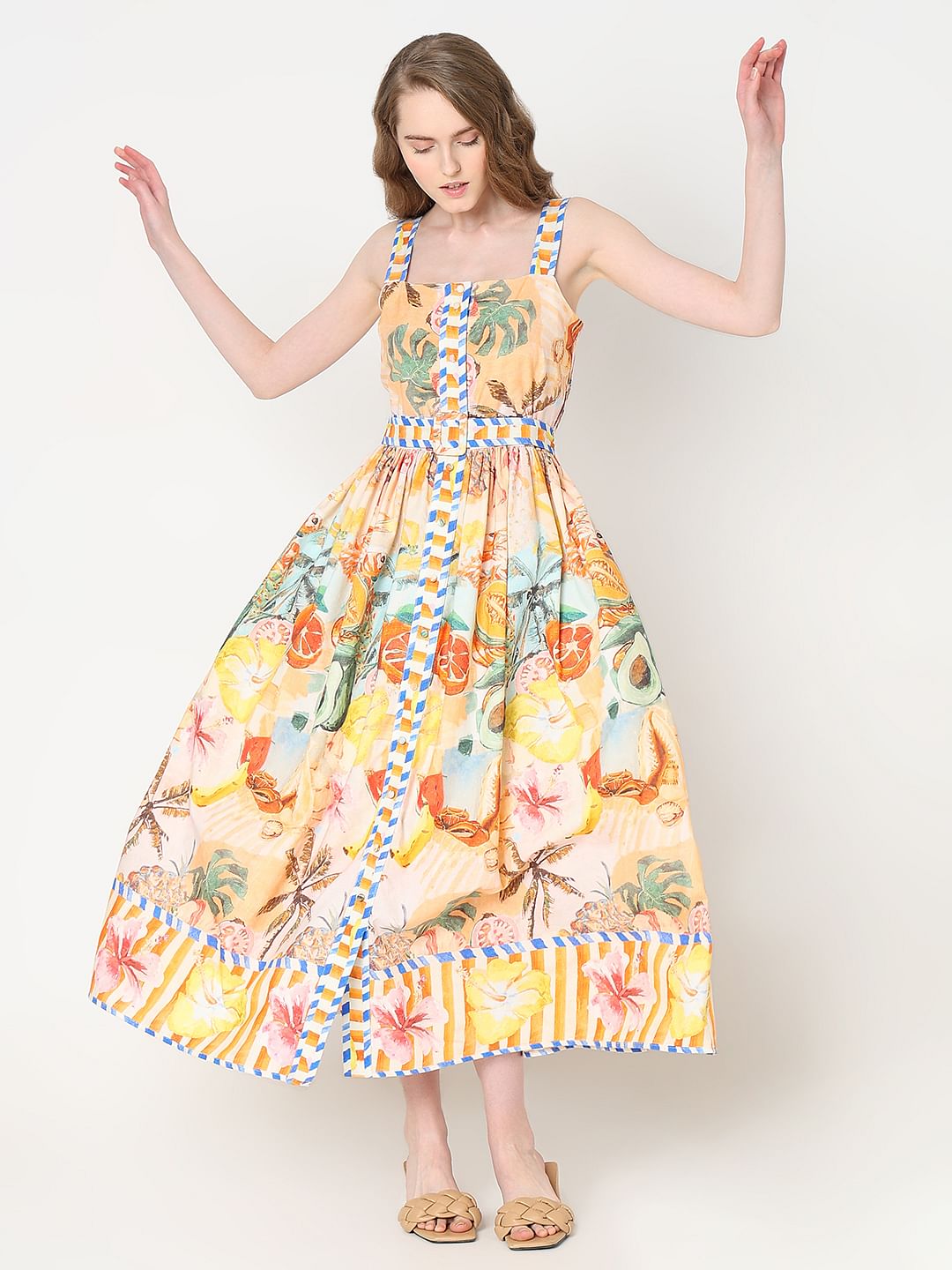 Yellow Tropical Print Midi Dress