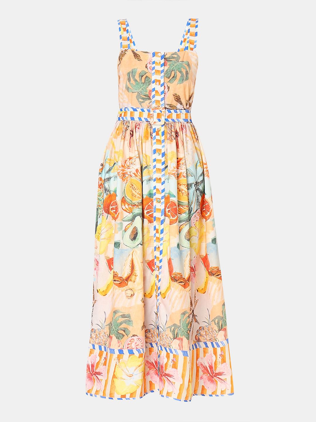 Yellow Tropical Print Midi Dress
